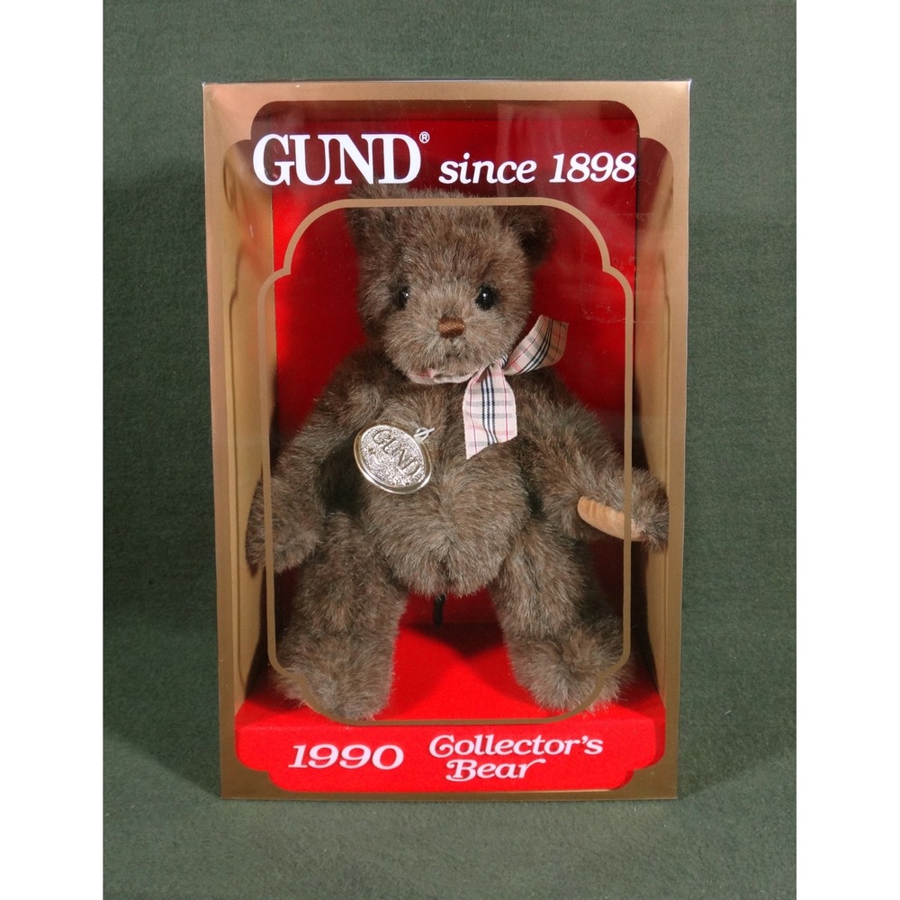GUND Collector's Bear 1990 Teddy Bear brown with plaid bow in original Box